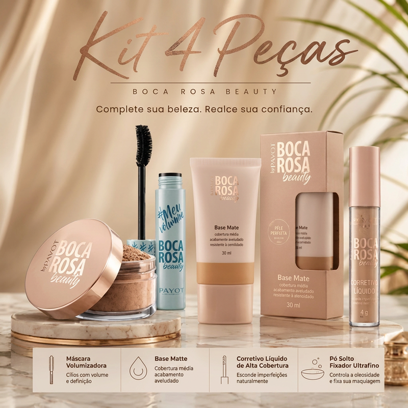 Kit Boca Rosa 4 Peças | Base + Corretivo + Pó Solto + Máscara de Cílios